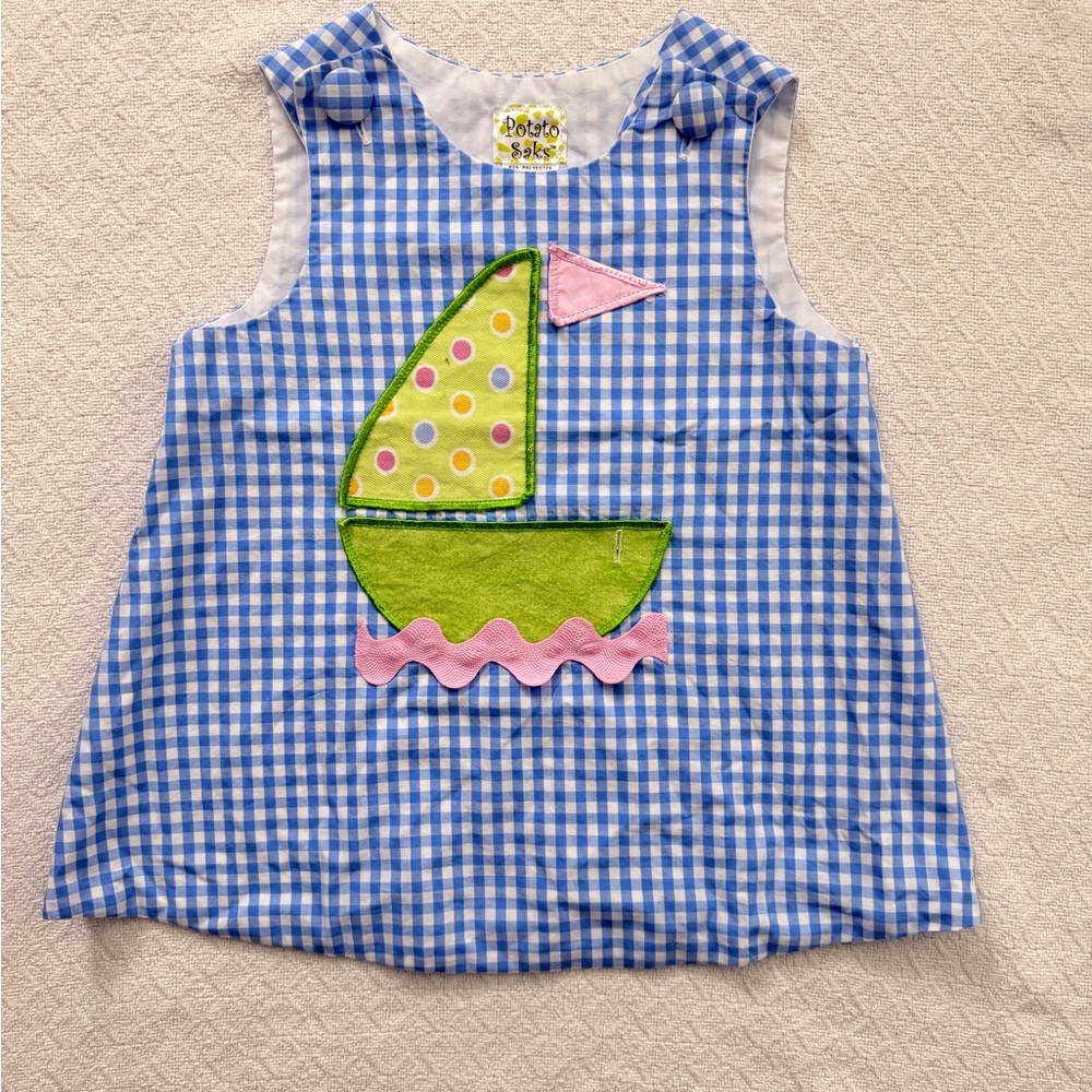 Potato Saks Vintage Blue and White Gingham Dress with Pink Sail Boat Appliqué